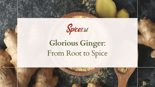 An image of whole, powdered and crush ginger with the text Spices.tel - Glorious ginger from root to spice.